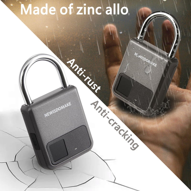 Newisdomake Fingerprint Padlock, Smart Padlock with USB Charging Support, Fingerprint Lock, Biometric Lock Suitable for Luggage, Bookcase, Suitcase, Backpack, Bike, School Locker, Gym Locker Lock(Gray) - Image 4